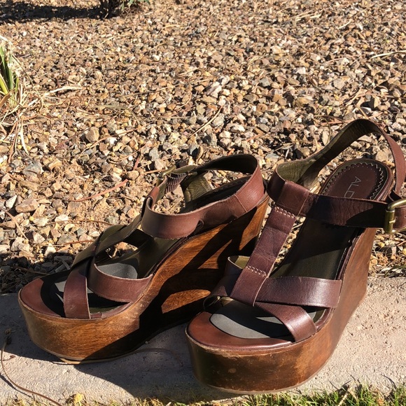 Brown Leather Aldo Wooden Platform Wedge Heeled Sandals!! Size 39 or 8.5 - Picture 3 of 16
